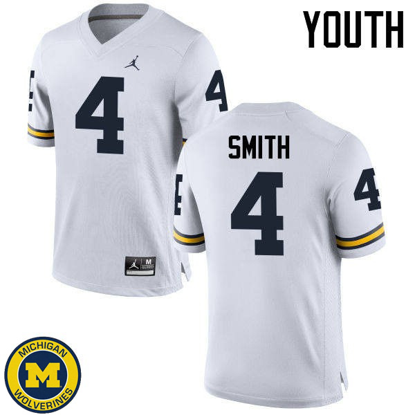 Youth University of Michigan #4 De'Veon Smith White Embroidery Jersey